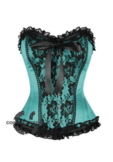 Baby Blue Satin Black Frill N Net Gothic Burlesque Bustier Waist Training Overbust Plus Size Corset Costume